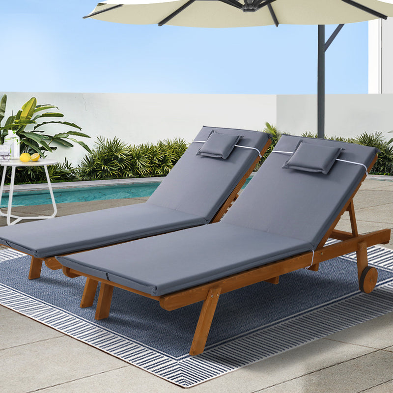 Gardeon 2x Wooden Sun Loungers with Wheels – Outdoor Grey