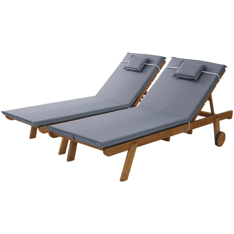 Gardeon 2x Wooden Sun Loungers with Wheels – Outdoor Grey