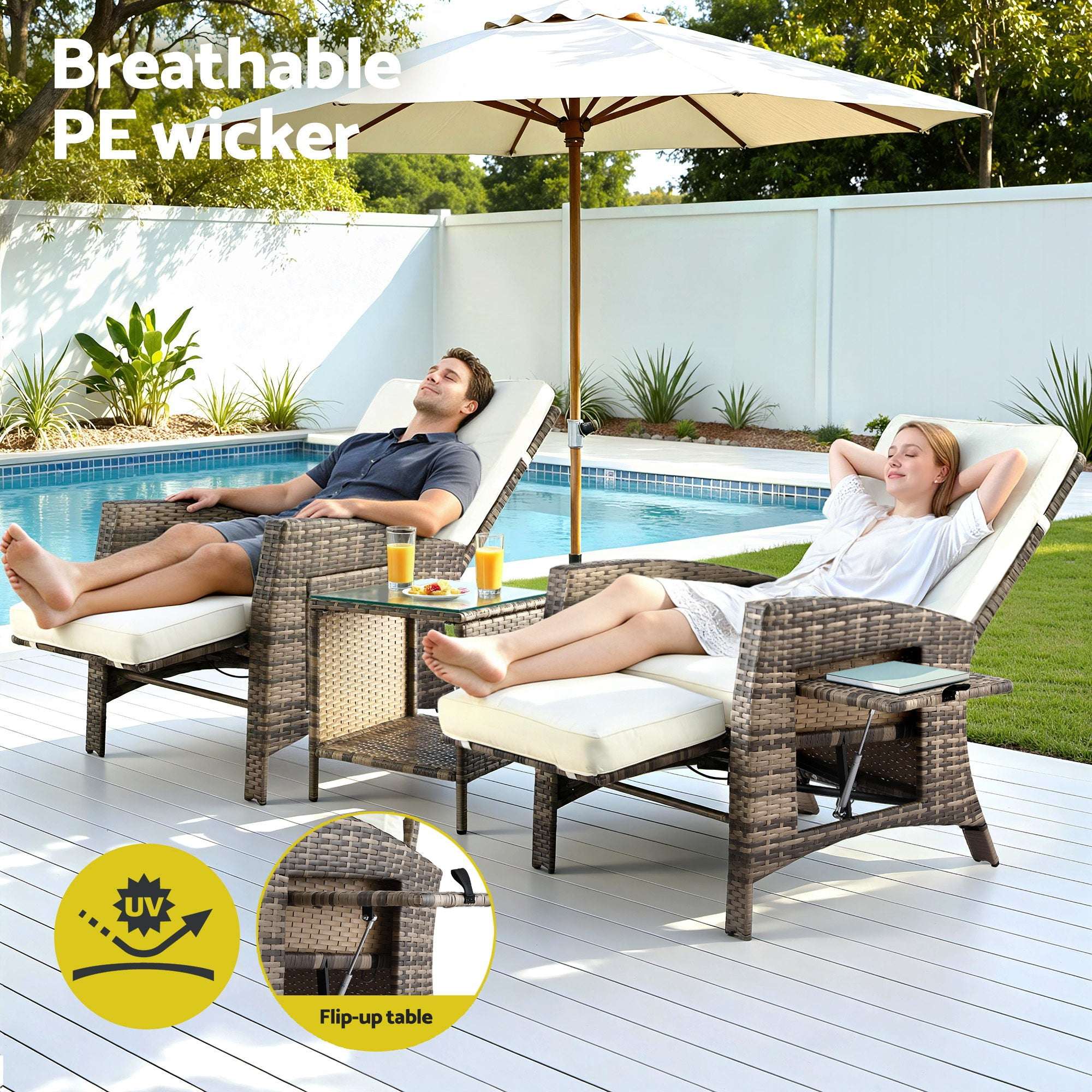 Gardeon 3PC Outdoor Recliner Bistro Set Wicker