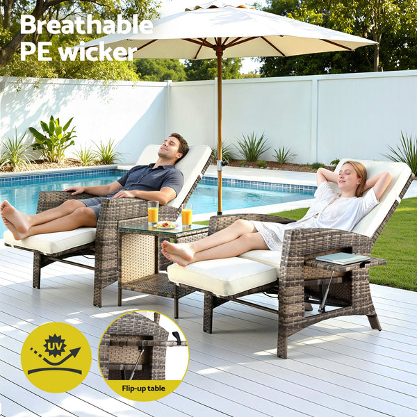 Gardeon 3PC Outdoor Recliner Bistro Set Wicker