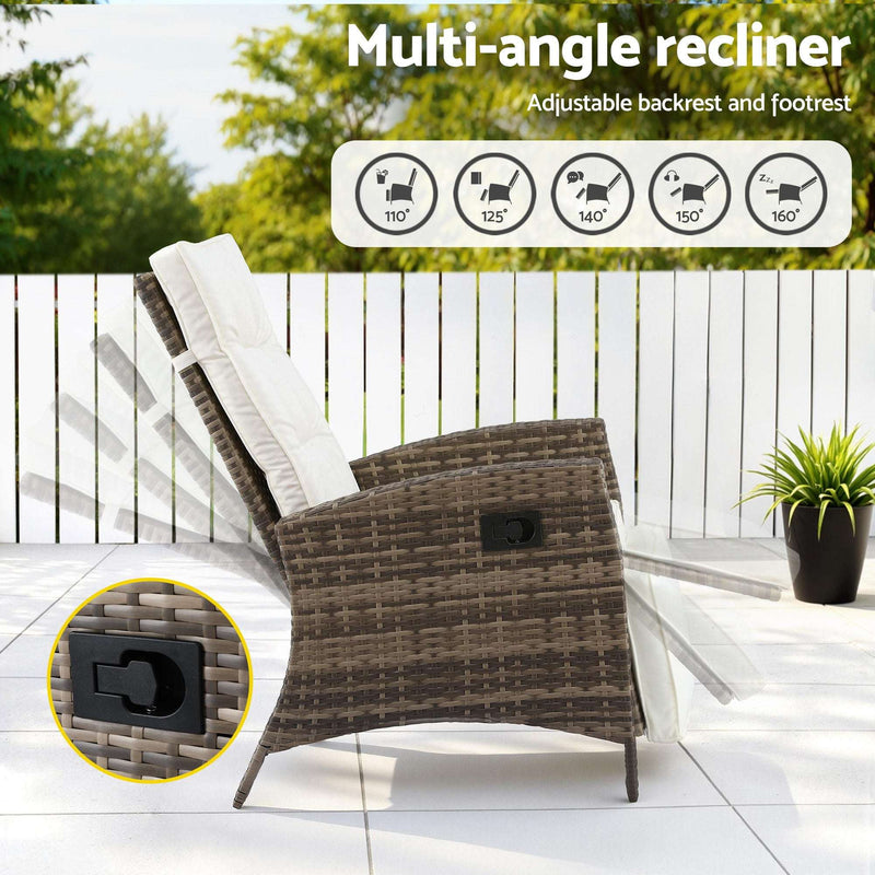 Gardeon 3PC Outdoor Recliner Bistro Set Wicker