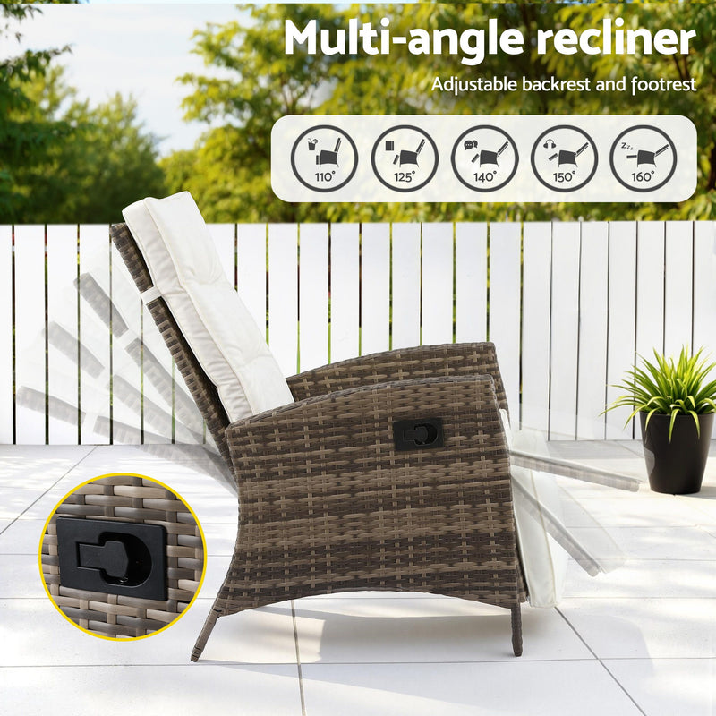 Gardeon 3PC Outdoor Recliner Bistro Set Wicker