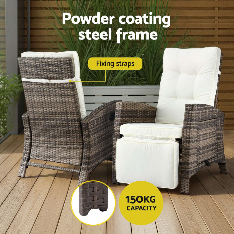 Gardeon 3PC Outdoor Recliner Bistro Set Wicker