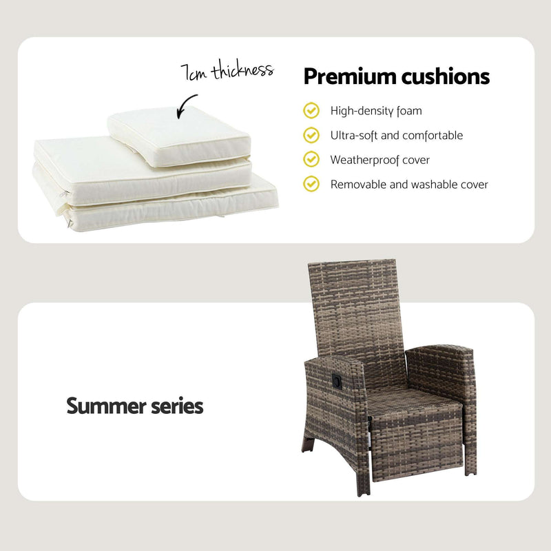 Gardeon 3PC Outdoor Recliner Bistro Set Wicker