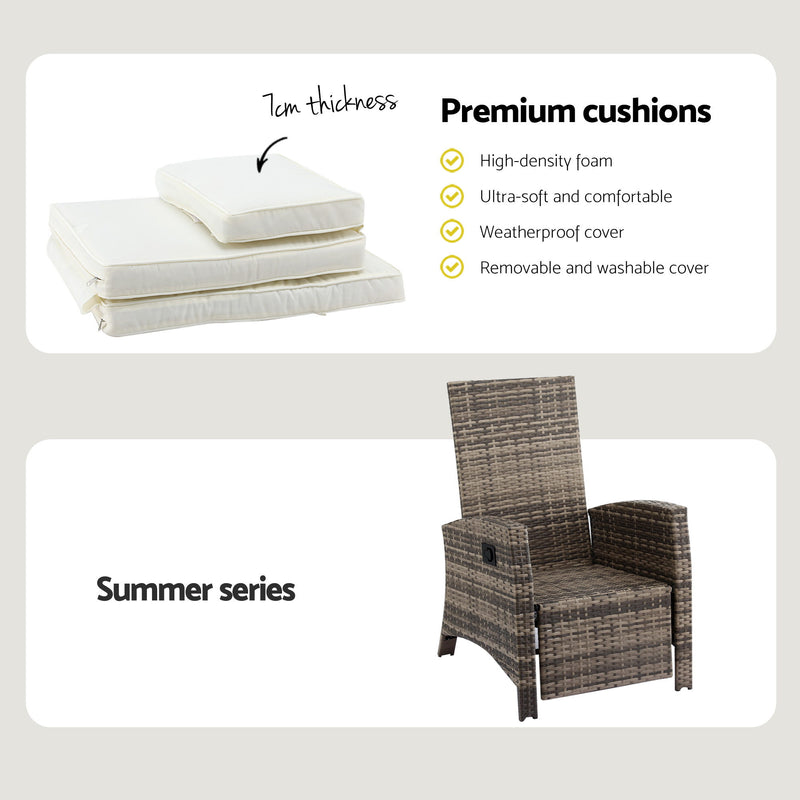 Gardeon 3PC Outdoor Recliner Bistro Set Wicker