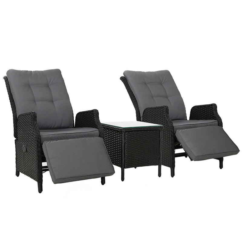 Gardeon 3PC Wicker Recliner Set with Table – Adjustable Black