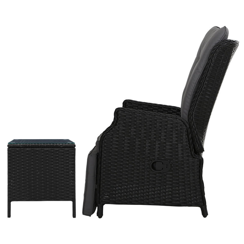 Gardeon 3PC Wicker Recliner Set with Table – Adjustable Black