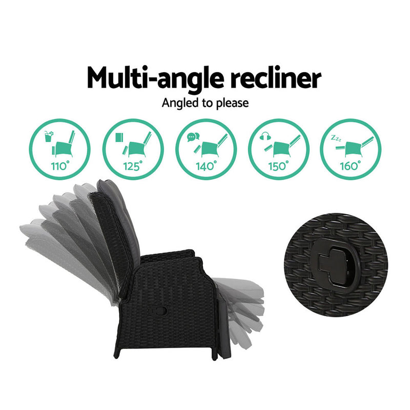Gardeon 3PC Wicker Recliner Set with Table – Adjustable Black