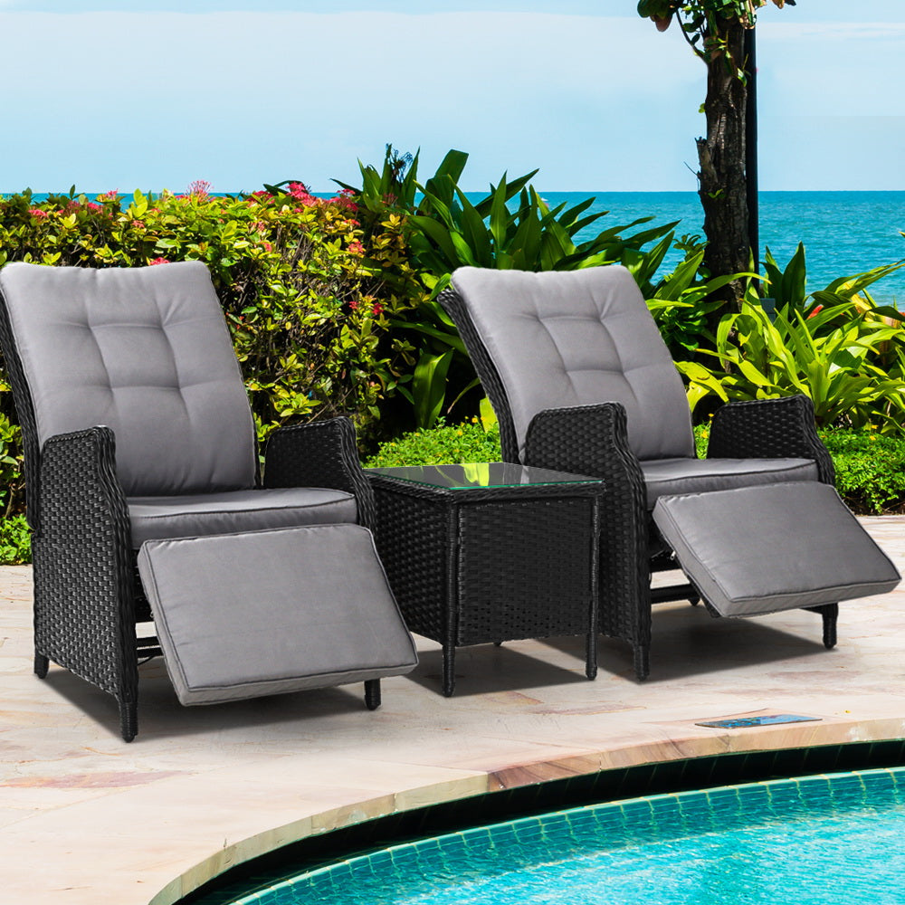 Gardeon 3PC Wicker Recliner Set with Table – Adjustable Black