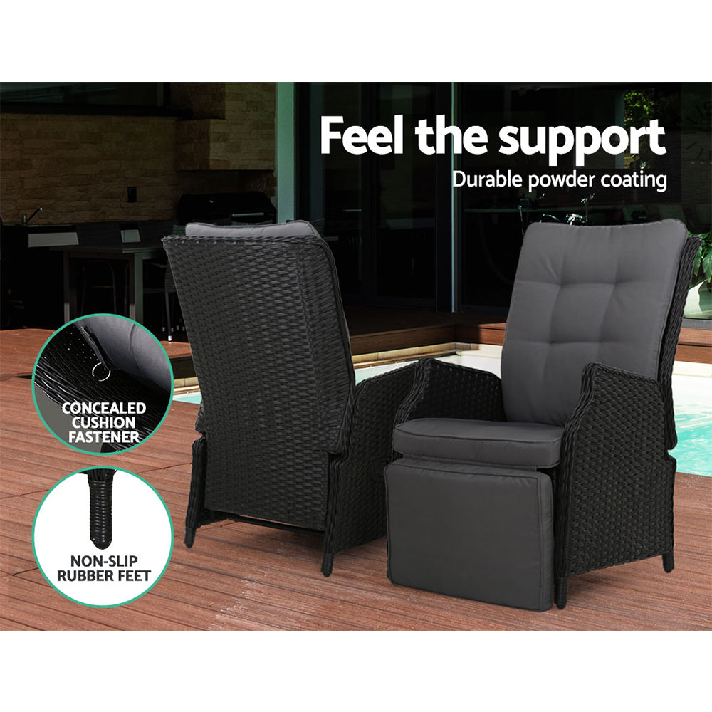 Gardeon 3PC Wicker Recliner Set with Table – Adjustable Black