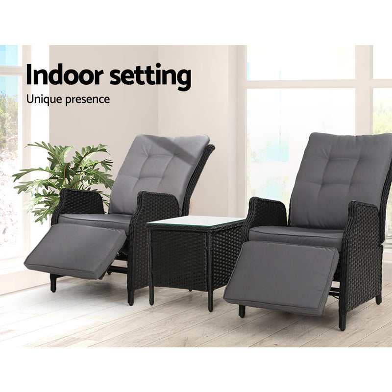 Gardeon 3PC Wicker Recliner Set with Table – Adjustable Black