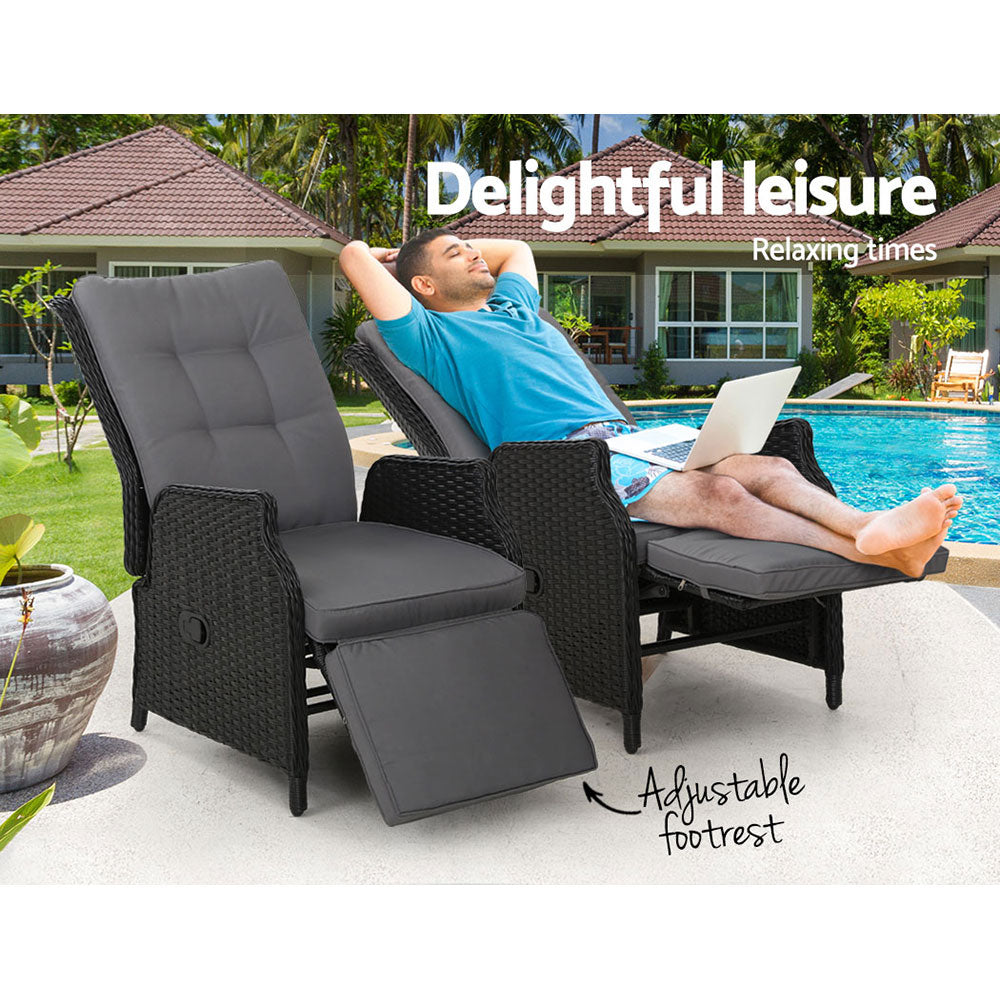 2PC Recliner Chairs – Wicker Outdoor Sun Loungers (Black)