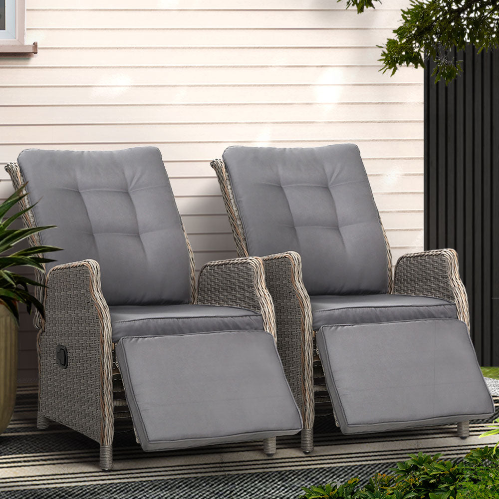 2PC Recliner Chairs – Wicker Outdoor Sun Loungers (Grey)
