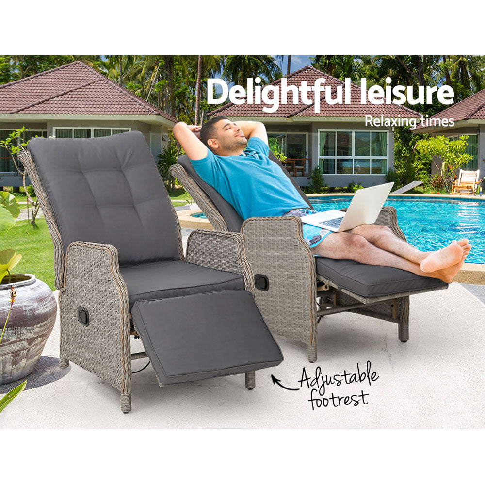 2PC Recliner Chairs – Wicker Outdoor Sun Loungers (Grey)