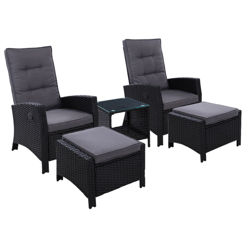 Gardeon Adjustable Wicker Recliner Chairs & Table Set – Black