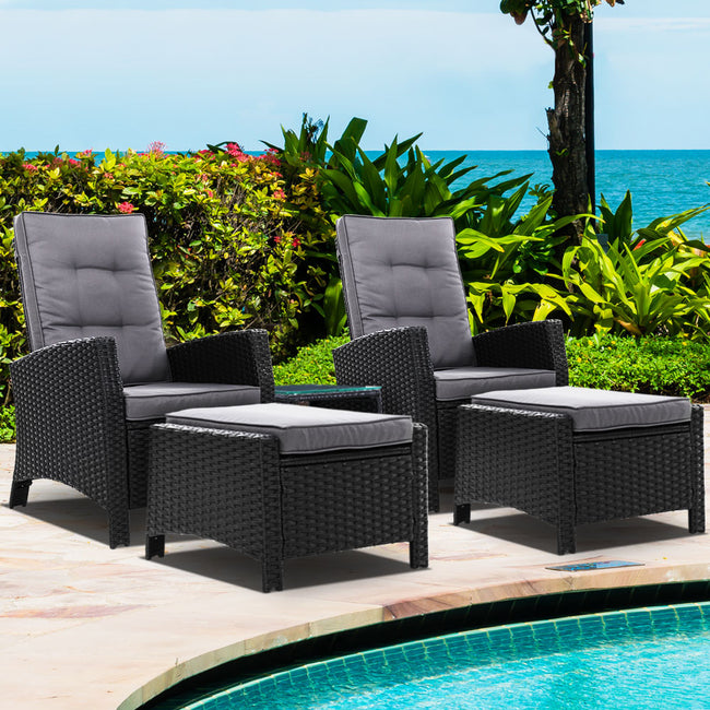 Gardeon Adjustable Wicker Recliner Chairs & Table Set – Black