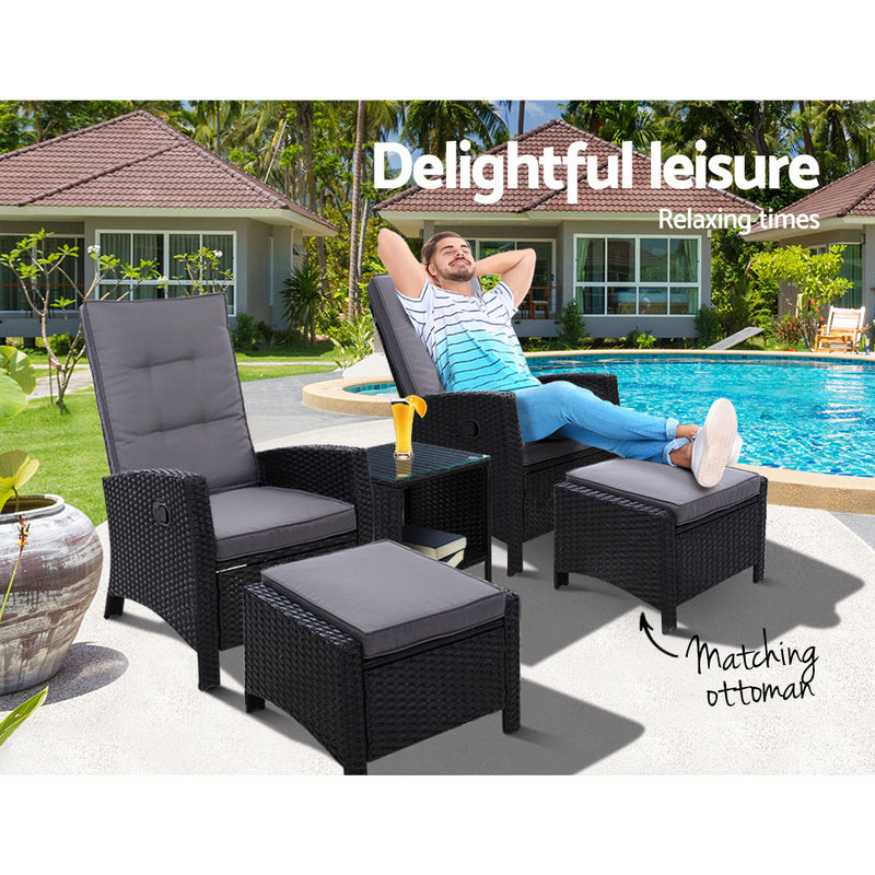 Gardeon Adjustable Wicker Recliner Chairs & Table Set – Black