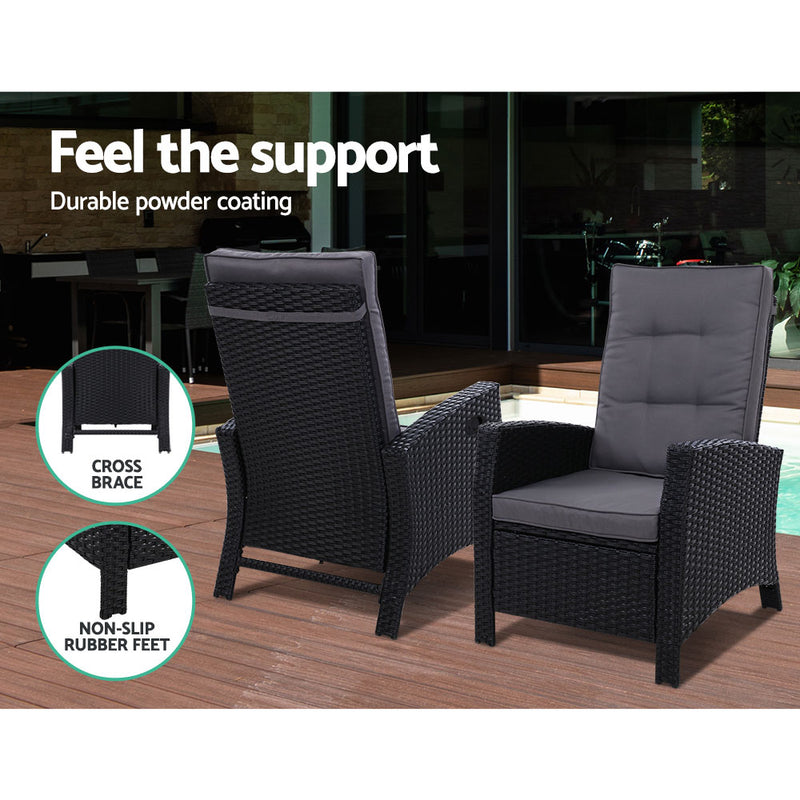 Gardeon Adjustable Wicker Recliner Chairs & Table Set – Black