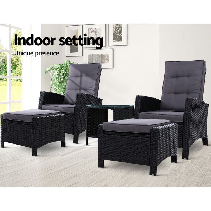 Gardeon Adjustable Wicker Recliner Chairs & Table Set – Black