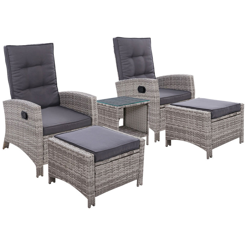 Gardeon 5-Piece Outdoor Recliner Set – Grey Wicker