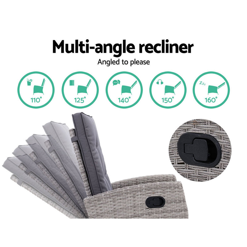 Gardeon 5-Piece Outdoor Recliner Set – Grey Wicker