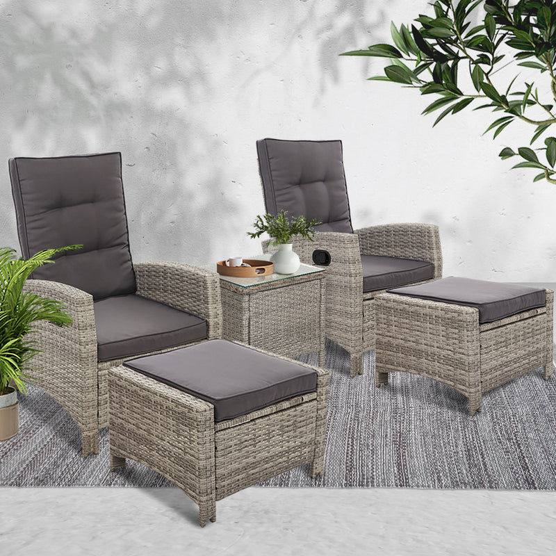 Gardeon 5-Piece Outdoor Recliner Set – Grey Wicker