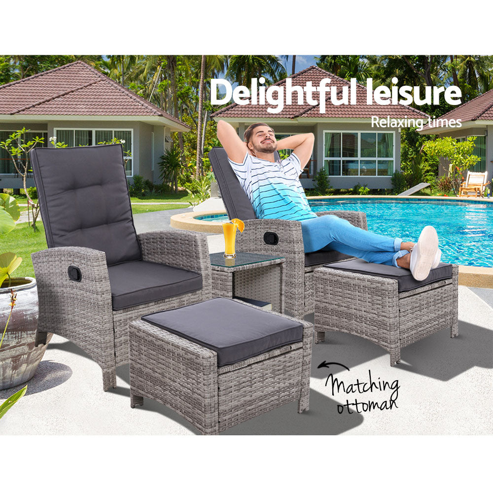 Gardeon 5-Piece Outdoor Recliner Set – Grey Wicker