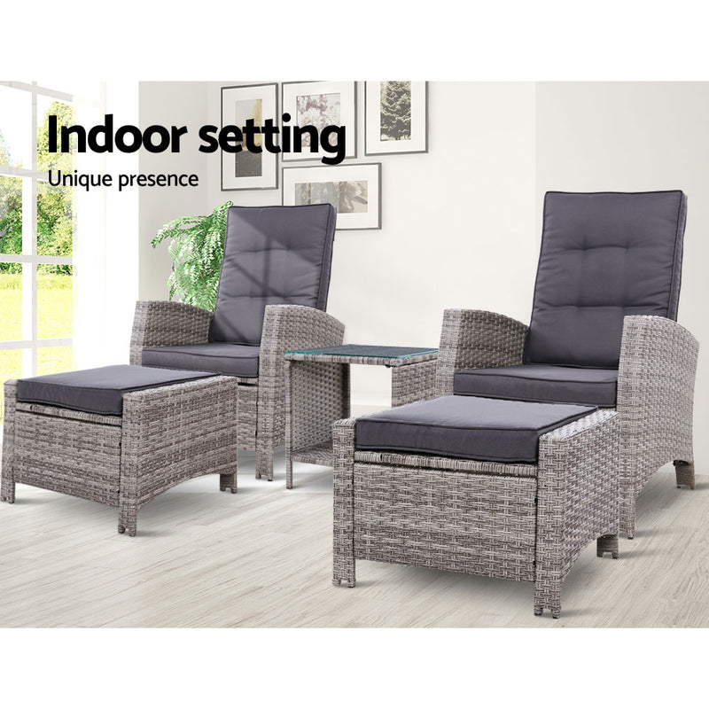 Gardeon 5-Piece Outdoor Recliner Set – Grey Wicker