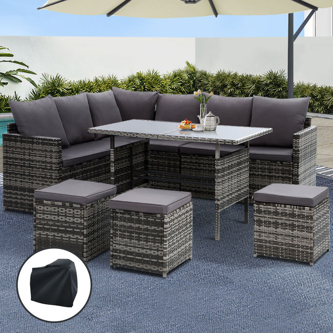 Outdoor Sofa Lounge Set – Grey with Cover