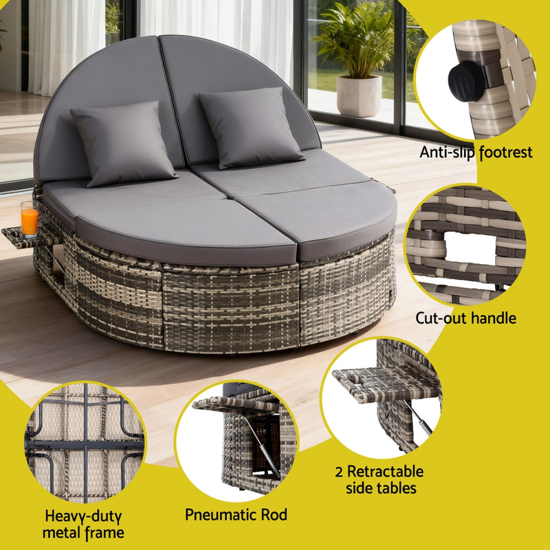 Gardeon Outdoor Wicker Day Bed with Retractable Tray