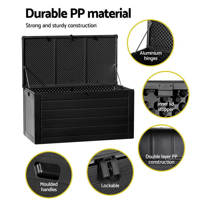 Garden Outdoor Storage Box – 680L Lockable Container & Bench (All Black)
