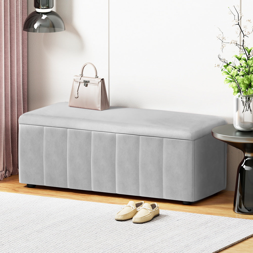 Storage Ottoman Blanket Box – Velvet Upholstered Grey 103cm