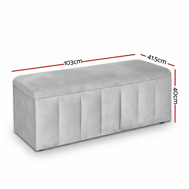 Storage Ottoman Blanket Box – Velvet Upholstered Grey 103cm