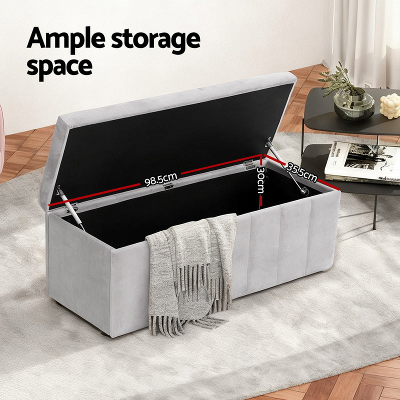 Storage Ottoman Blanket Box – Velvet Upholstered Grey 103cm