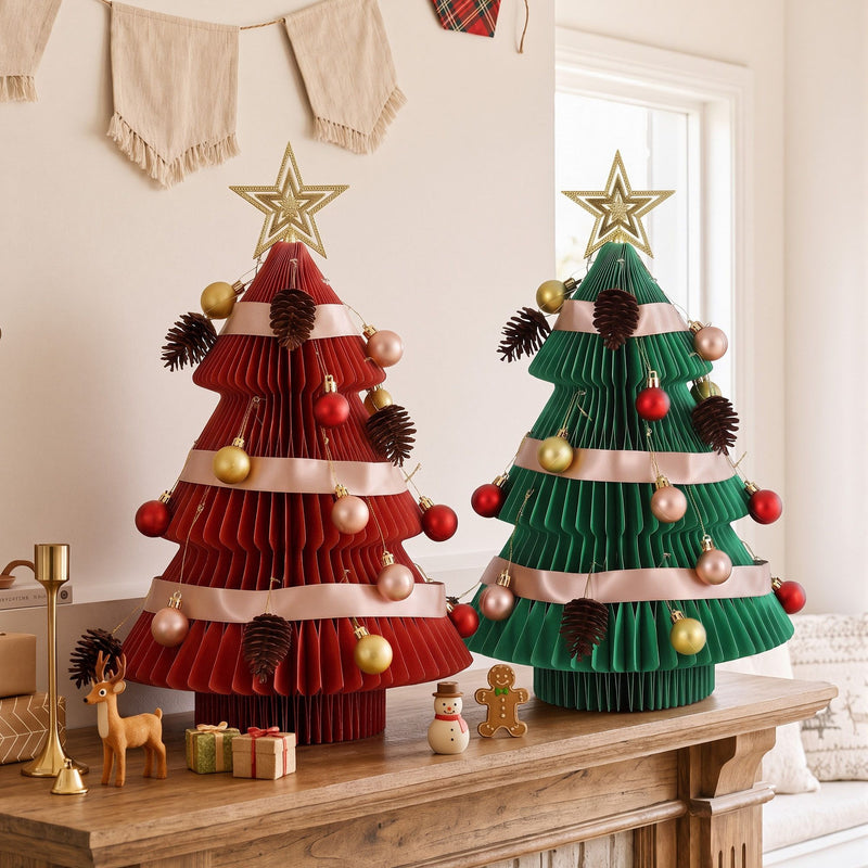 47cm Red & Green Honeycomb Christmas Trees – Set of 2
