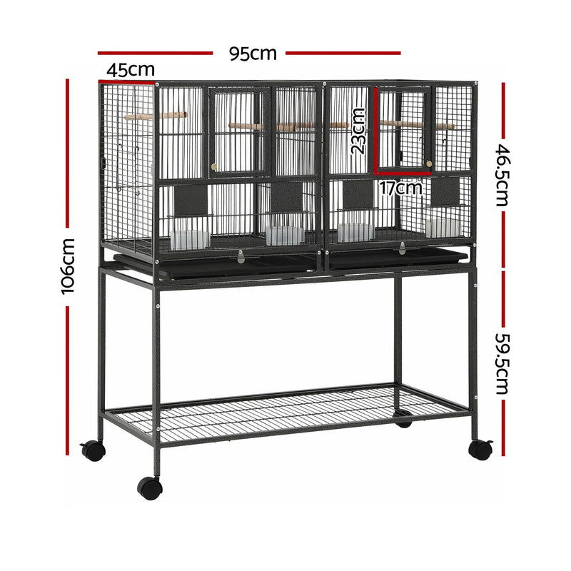 i.Pet 2-in-1 Bird Cage Aviary with Divider & Wheels – 106cm Black