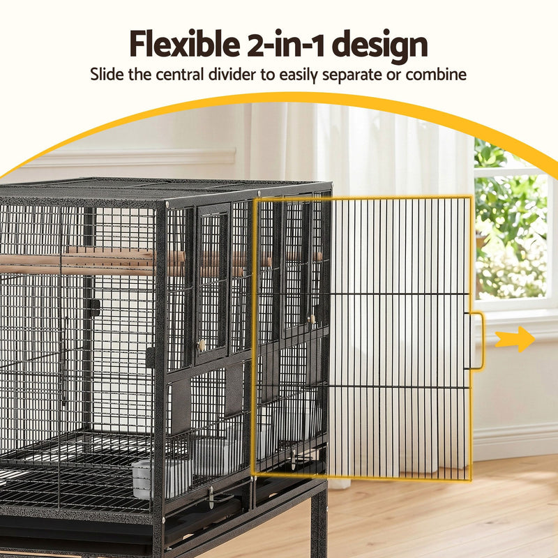 i.Pet 2-in-1 Bird Cage Aviary with Divider & Wheels – 106cm Black