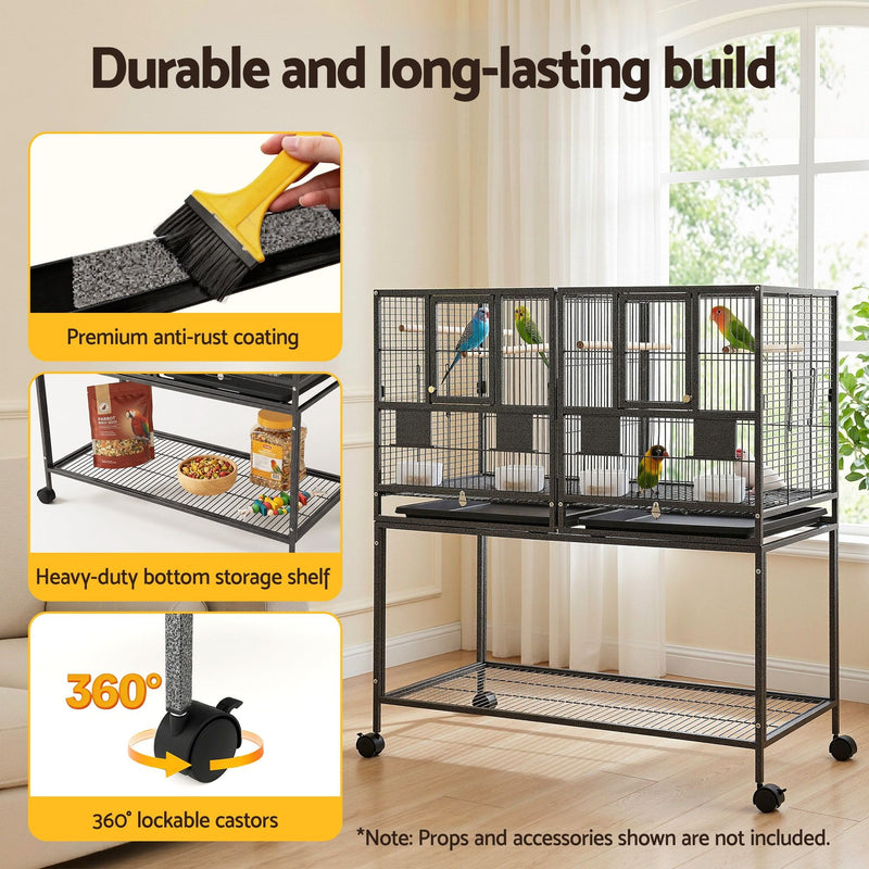 i.Pet 2-in-1 Bird Cage Aviary with Divider & Wheels – 106cm Black