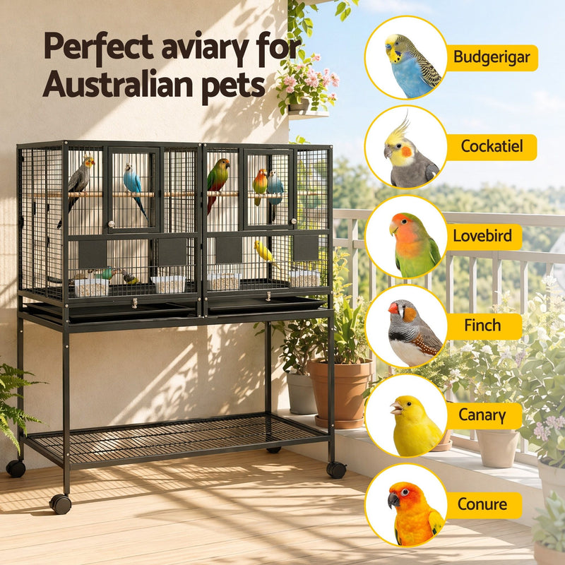 i.Pet 2-in-1 Bird Cage Aviary with Divider & Wheels – 106cm Black