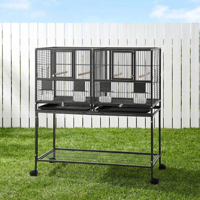 i.Pet 2-in-1 Bird Cage Aviary with Divider & Wheels – 106cm Black