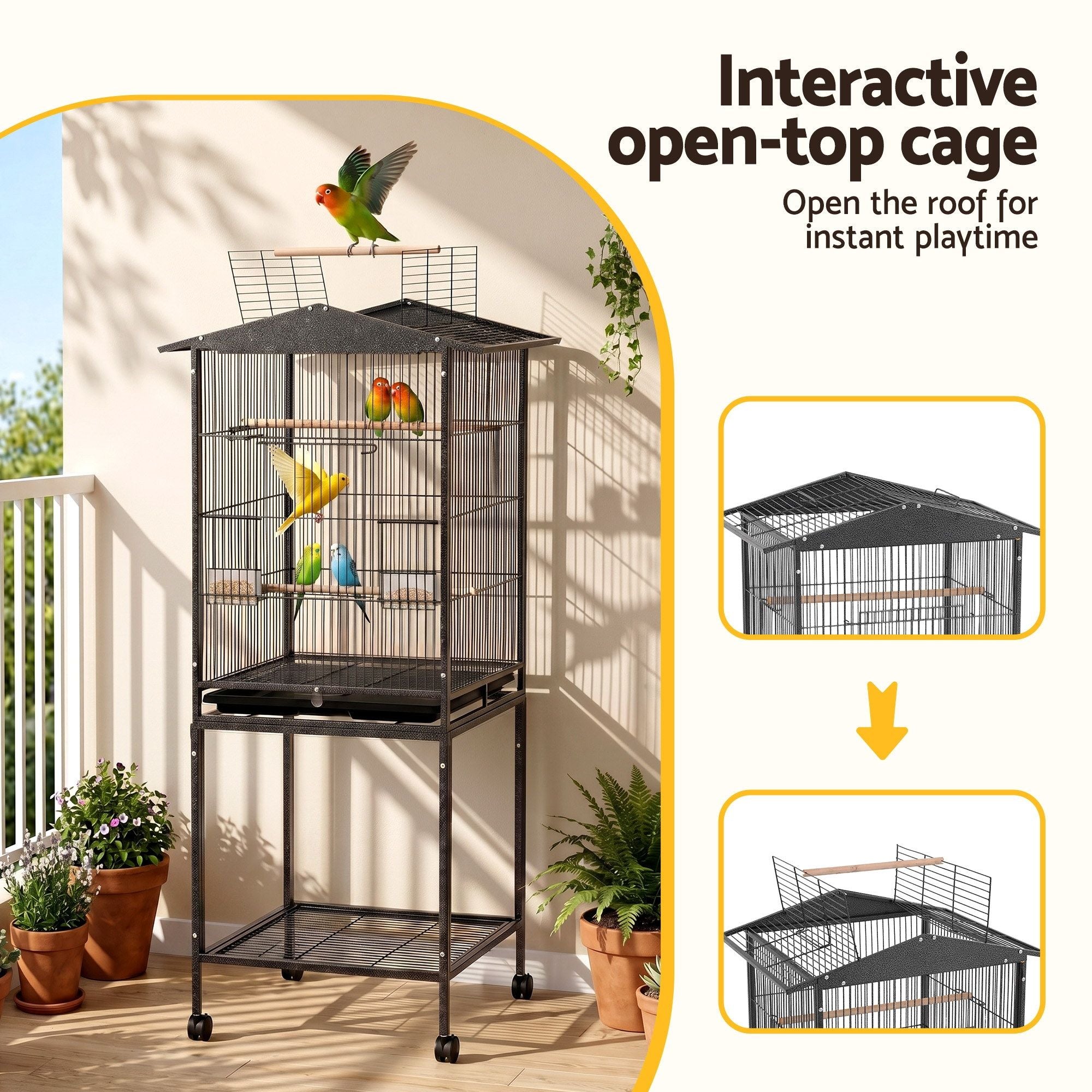i.Pet 136cm Open Top Bird Cage Aviary with Stand & Wheels – Black