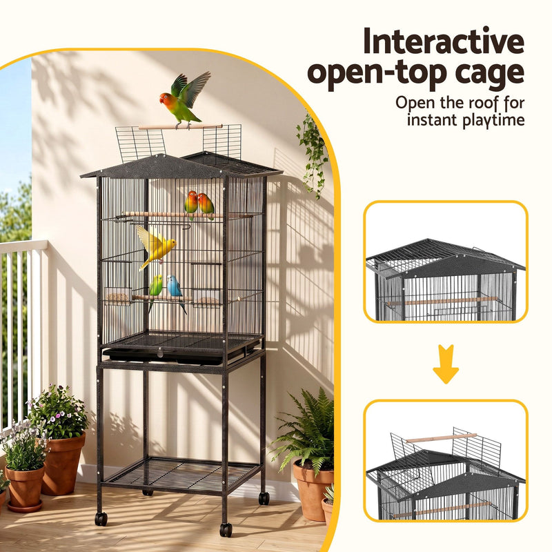 i.Pet 136cm Open Top Bird Cage Aviary with Stand & Wheels – Black
