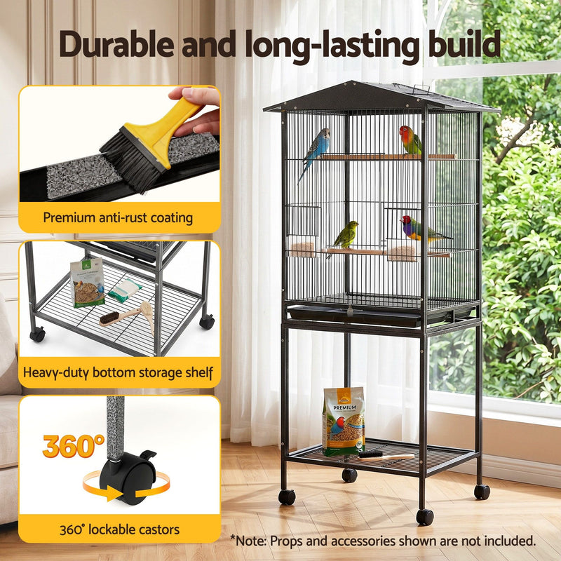 i.Pet 136cm Open Top Bird Cage Aviary with Stand & Wheels – Black