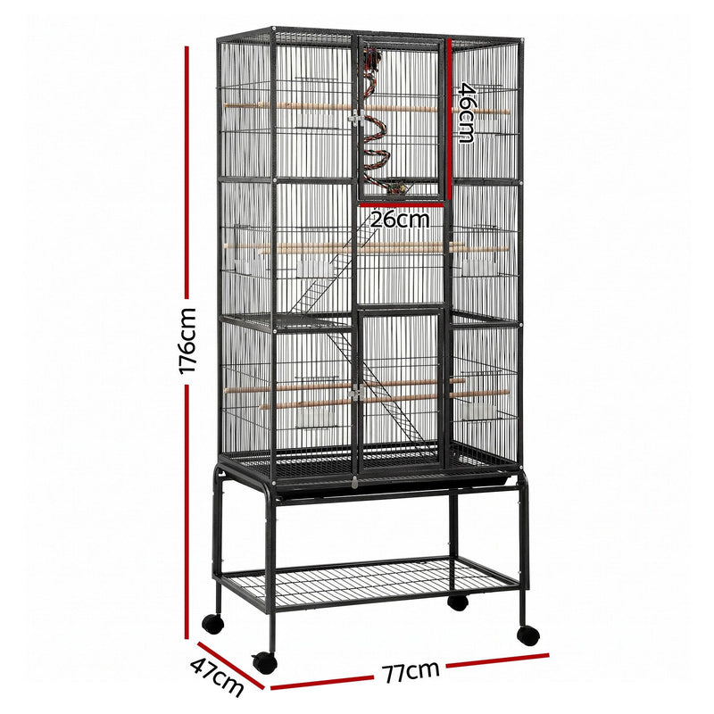 i.Pet 176cm 3-Tier Large Bird Cage Aviary with Ladder & Wheels – Black