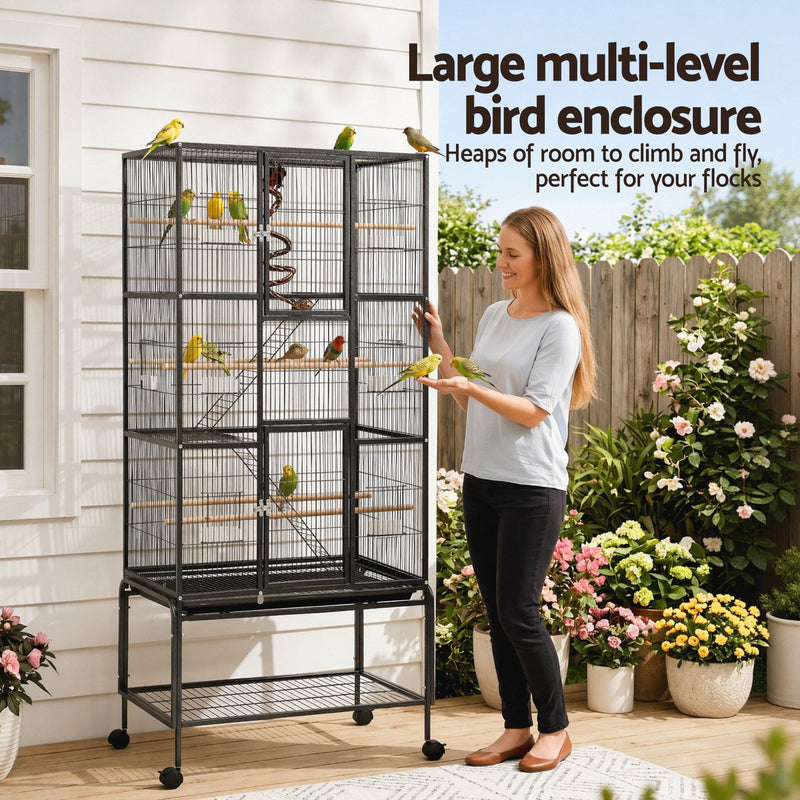i.Pet 176cm 3-Tier Large Bird Cage Aviary with Ladder & Wheels – Black