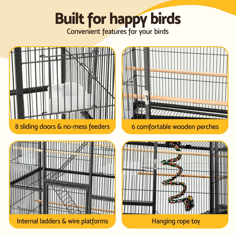 i.Pet 176cm 3-Tier Large Bird Cage Aviary with Ladder & Wheels – Black