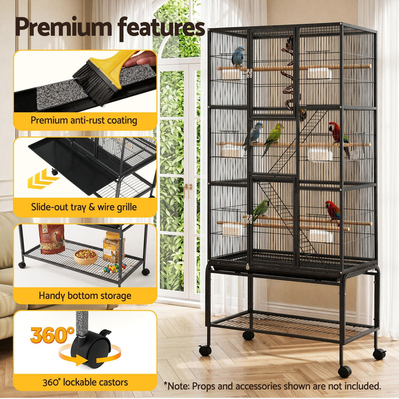 i.Pet 176cm 3-Tier Large Bird Cage Aviary with Ladder & Wheels – Black