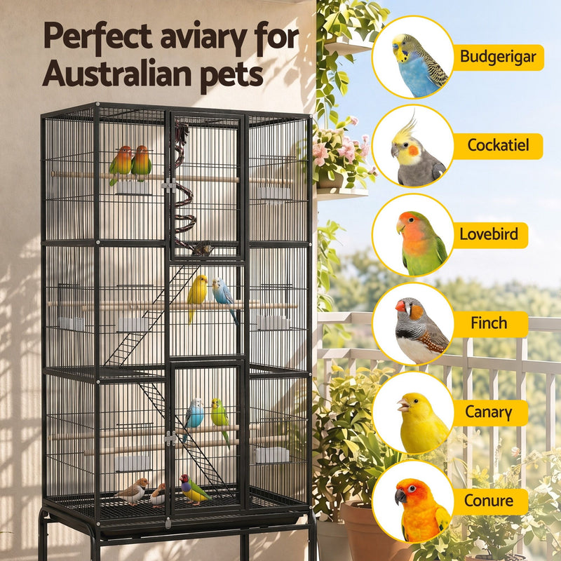 i.Pet 176cm 3-Tier Large Bird Cage Aviary with Ladder & Wheels – Black