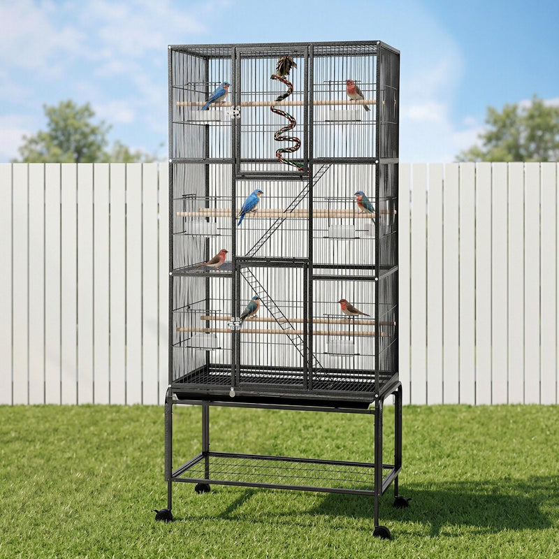 i.Pet 176cm 3-Tier Large Bird Cage Aviary with Ladder & Wheels – Black