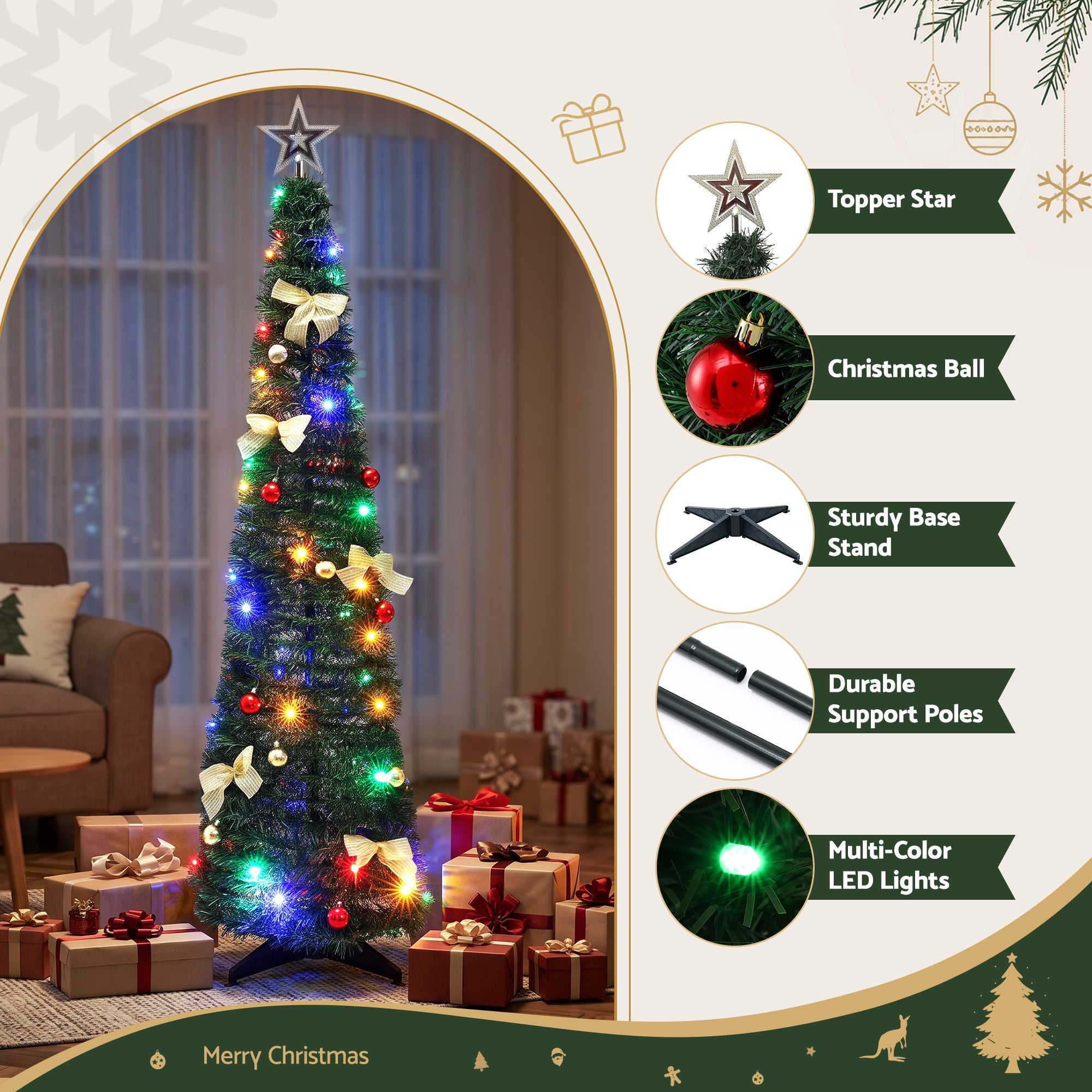 155cm Pre-Decorated Pop-Up Christmas Tree with Multicolour LEDs